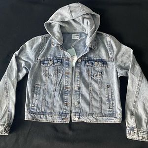 NWT Ci Sono Denim Jacket XL Acid Wash Blue With Gray Hoodie, Style DJK399